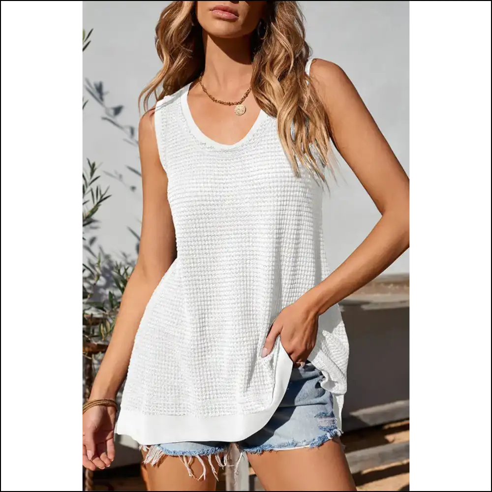 Waffle-knit Wide Strap Tank – Effortlessly Chic! - White / s - Tops on Sale Worldwide Shipping