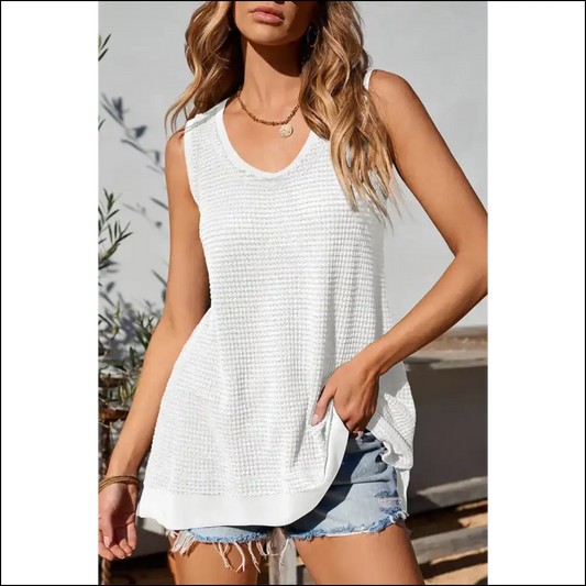 Waffle-knit Wide Strap Tank – Effortlessly Chic! - White / s - Tops on Sale Worldwide Shipping