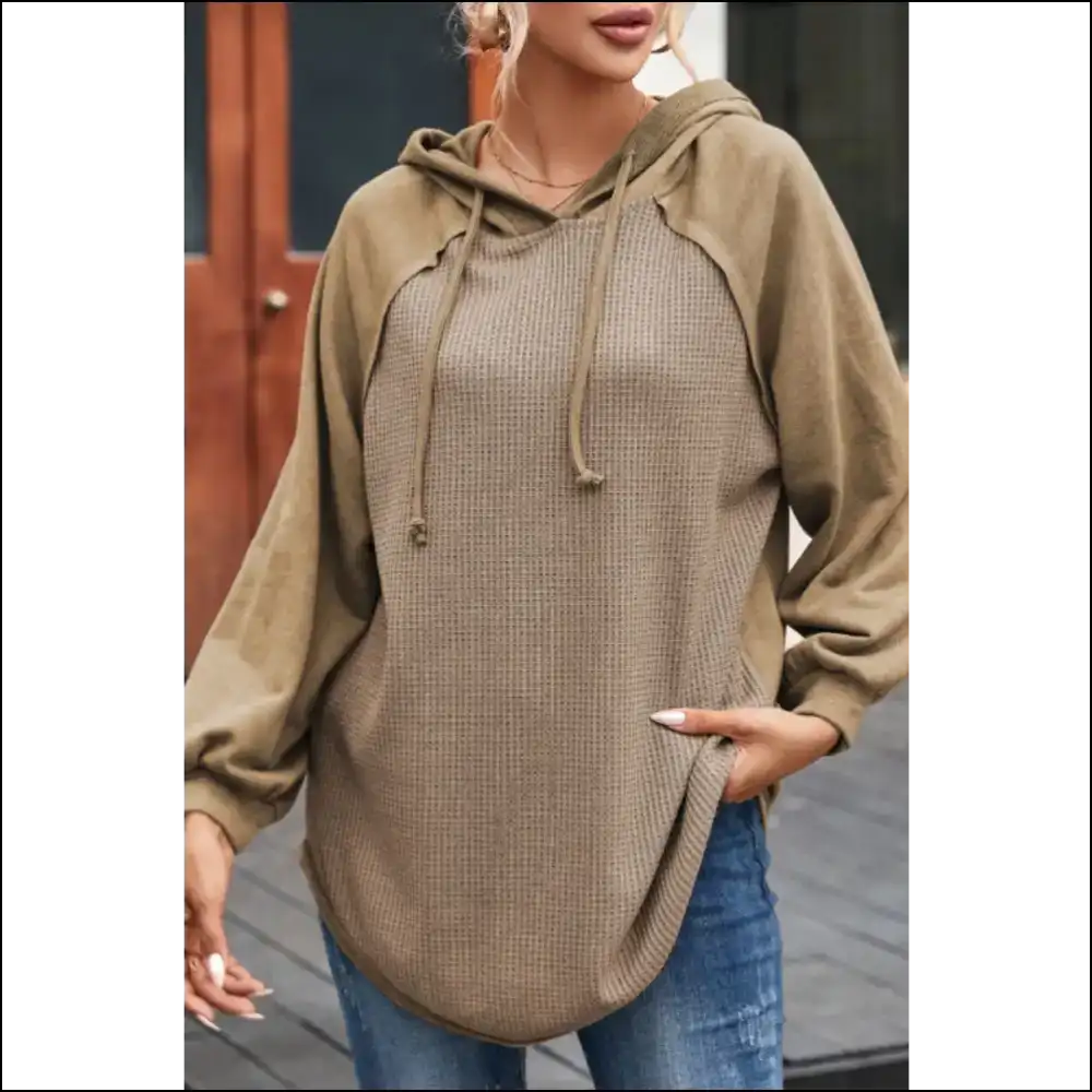 Waffled Knit Exposed Seam Drawstring Hoodie - Khaki / s - Hoodies Sweatshirts & on Sale Worldwide Shipping