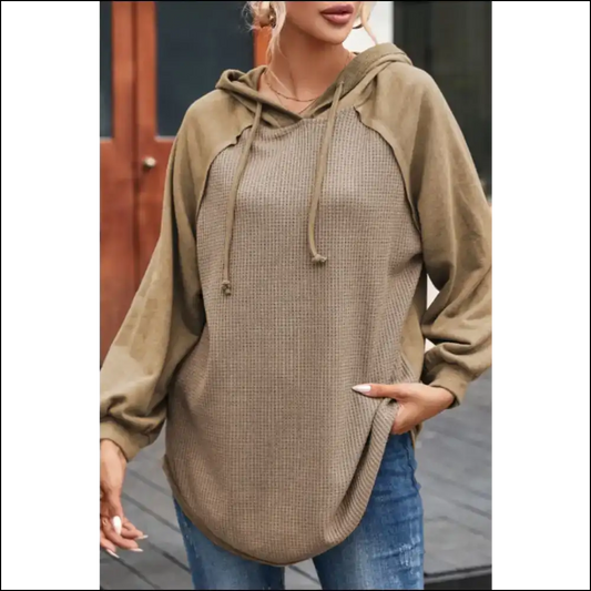Waffled Knit Exposed Seam Drawstring Hoodie - Khaki / s - Hoodies Sweatshirts & on Sale Worldwide Shipping