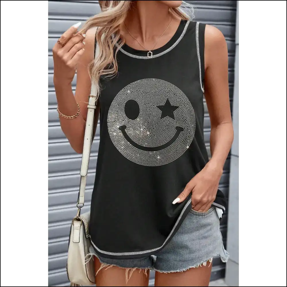 Wear your Rhinestone Smile Face and Shine Brighter than Ex’s Future! ✨ - Black / s - Tank Tops on Sale Worldwide Shipping