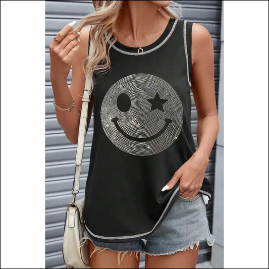 Wear your Rhinestone Smile Face and Shine Brighter than Ex’s Future! ✨ - Black / s - Tank Tops on Sale Worldwide Shipping