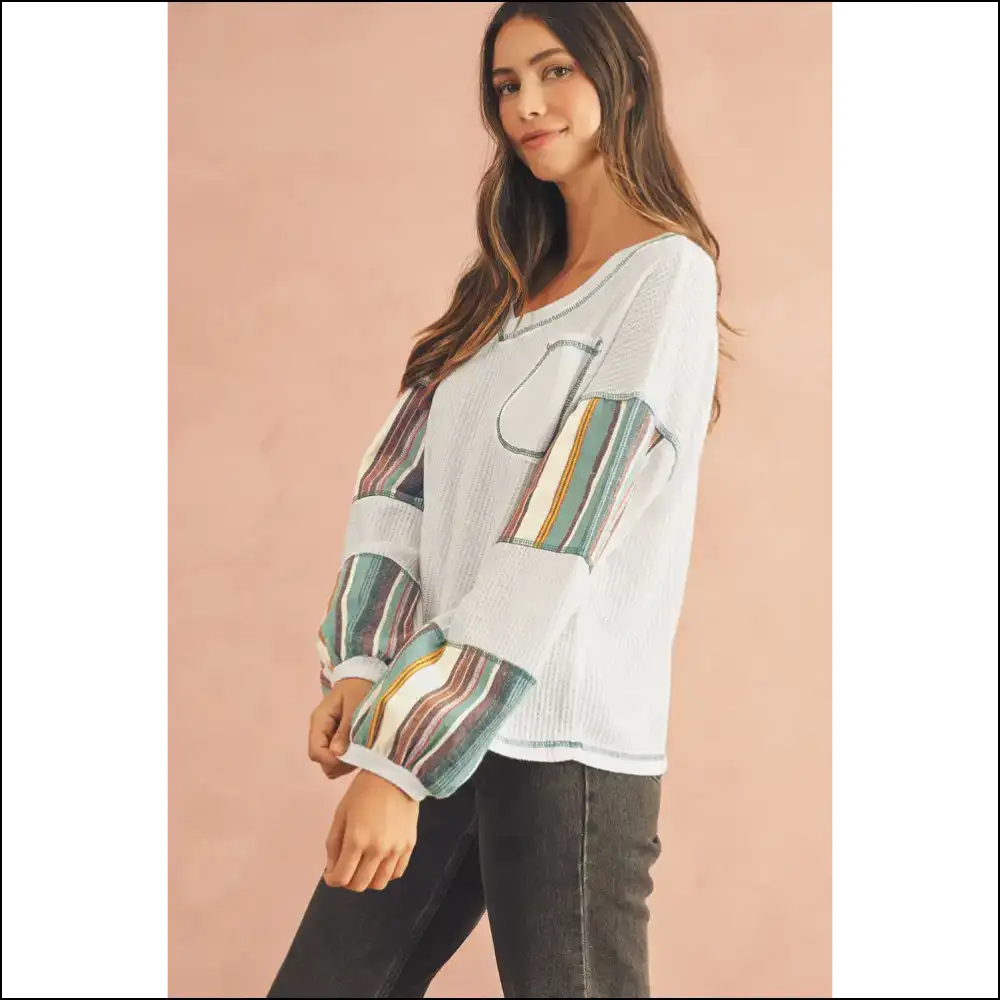 Wfle Knit so Good It’s Stripe-tastic Says Needful Things 🤪 Chic White Striped Patchwork! - Long Sleeve Tops Shirts & on Sale Worldwide