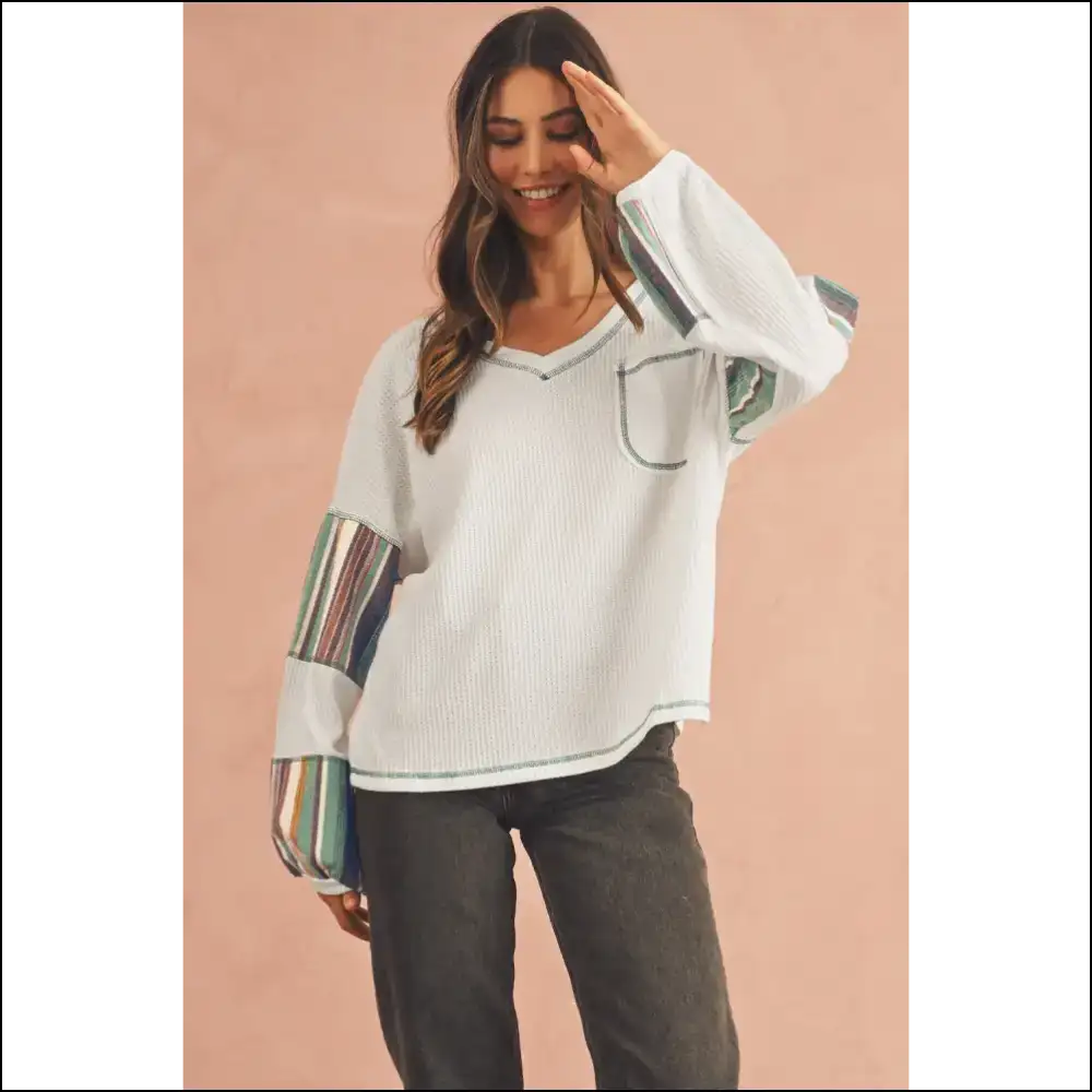 Wfle Knit so Good It’s Stripe-tastic Says Needful Things 🤪 Chic White Striped Patchwork! - Long Sleeve Tops Shirts & on Sale Worldwide