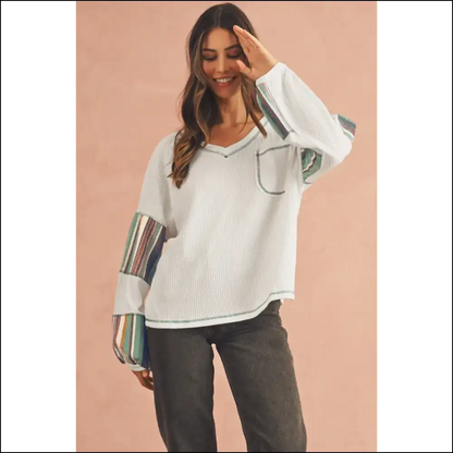 Wfle Knit so Good It’s Stripe-tastic Says Needful Things 🤪 Chic White Striped Patchwork! - Long Sleeve Tops Shirts & on Sale Worldwide