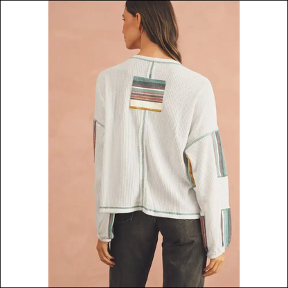 Wfle Knit so Good It’s Stripe-tastic Says Needful Things 🤪 Chic White Striped Patchwork! - Long Sleeve Tops Shirts & on Sale Worldwide