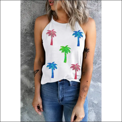 When Life Gives you Lemons Wear a Sequin Coconut Tree Tank! 🌴✨ - White / s - Tank Tops on Sale Worldwide Shipping