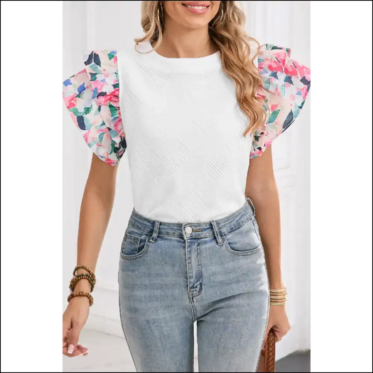 White Abstract Print Ruffle Top Confidence Booster - s - Blouses on Sale Worldwide Shipping