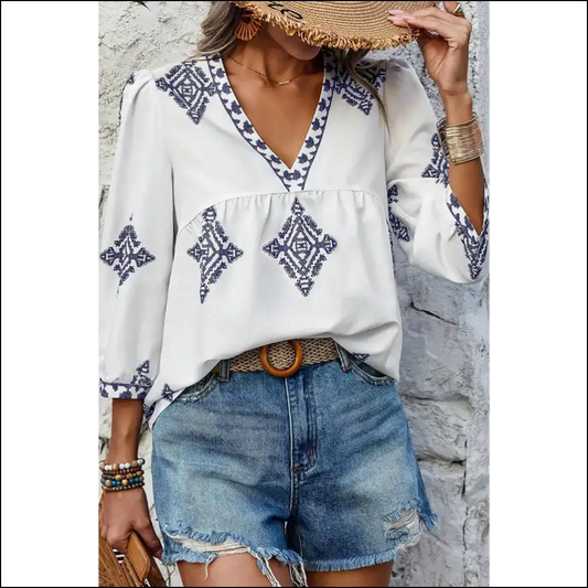 White Boho Geometric Print Blouse: so Chic it Hurts 💀 Needful Things - s - Blouses on Sale Worldwide Shipping