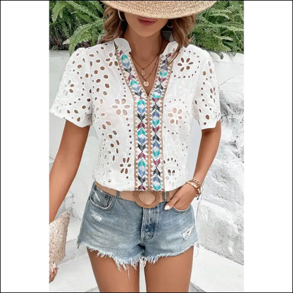 White Boho Geometric v Neck: so Comfy You’ll Live in It! 😇 Needful Things - Blouses on Sale Worldwide Shipping
