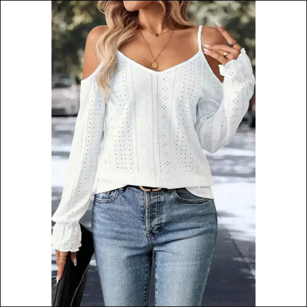 White Eyelet Cold Shoulder: so Chic it Hurts (but in a Good Way) Needful Things ✨ - Long Sleeve Tops Shirts & on Sale Worldwide Shipping