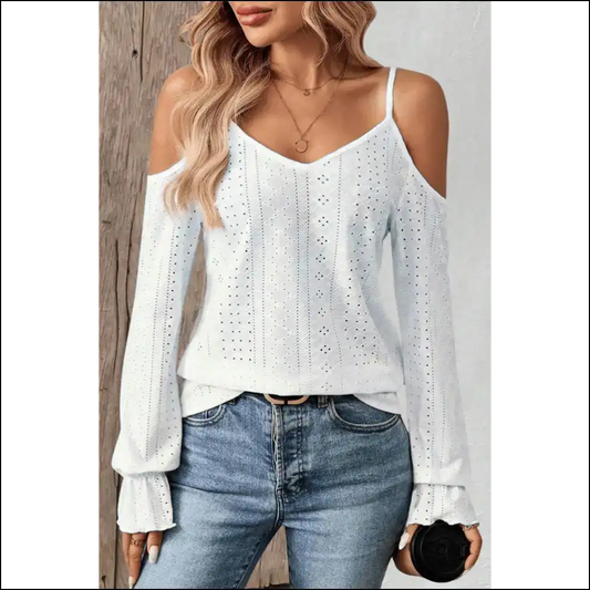 White Eyelet Cold Shoulder: so Chic it Hurts (but in a Good Way) Needful Things ✨ - s - Long Sleeve Tops Shirts & on Sale Worldwide Shipping