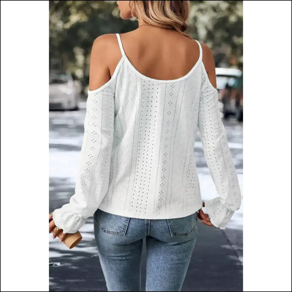 White Eyelet Cold Shoulder: so Chic it Hurts (but in a Good Way) Needful Things ✨ - Long Sleeve Tops Shirts & on Sale Worldwide Shipping