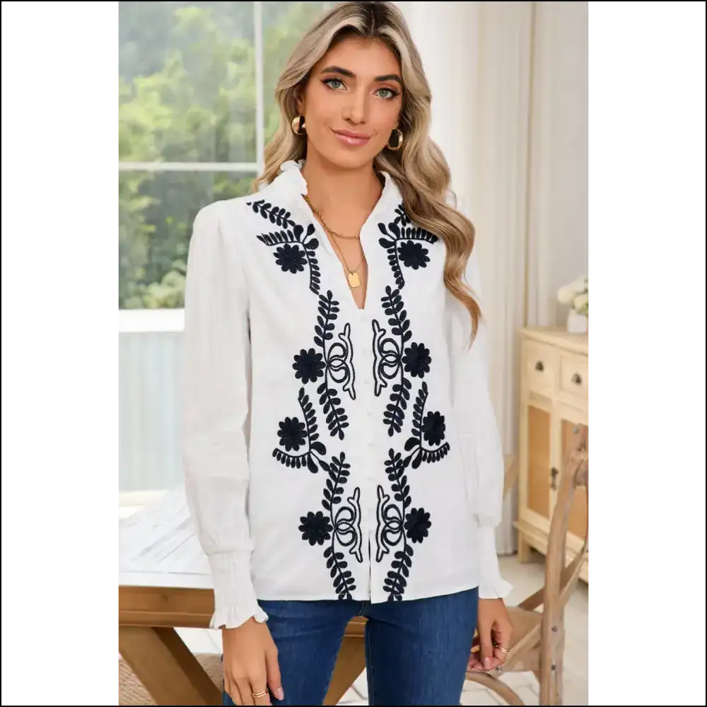 White Floral Embroidered Boho Shirt: Runway Ready (even if Youre just) Long Sleeve Tops Shirts & on Sale Worldwide Shipping