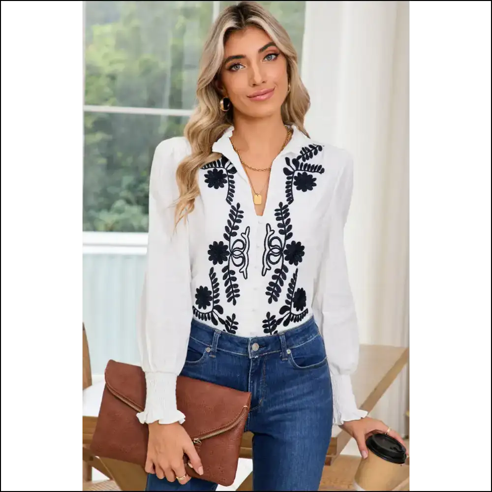 White Floral Embroidered Boho Shirt: Runway Ready (even if Youre just) Long Sleeve Tops Shirts & on Sale Worldwide Shipping