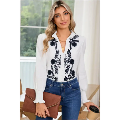 White Floral Embroidered Boho Shirt: Runway Ready (even if Youre just) Long Sleeve Tops Shirts & on Sale Worldwide Shipping