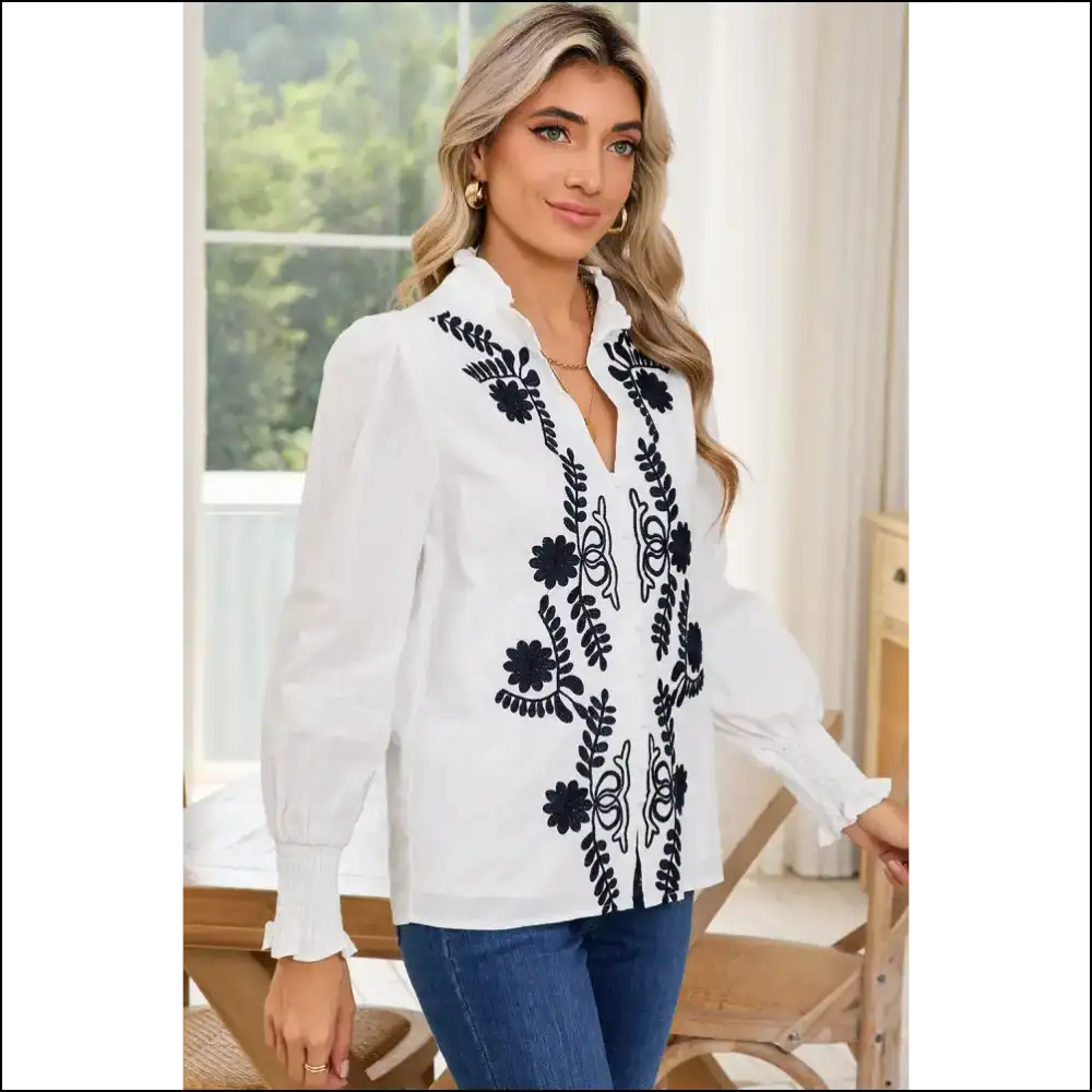 White Floral Embroidered Boho Shirt: Runway Ready (even if Youre just) Long Sleeve Tops Shirts & on Sale Worldwide Shipping