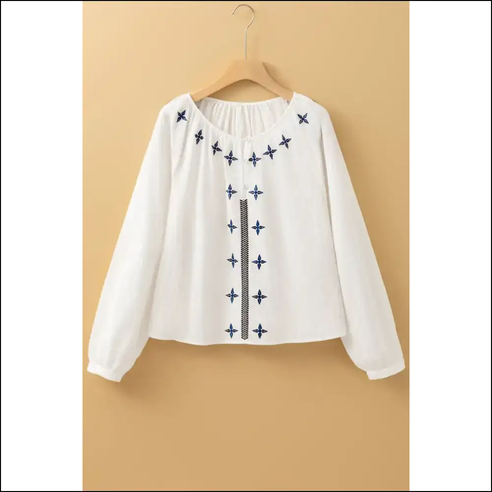 White Geometric Embroidered Blouse: i Woke Up Like this 😜 Needful Things - Blouses on Sale Worldwide Shipping