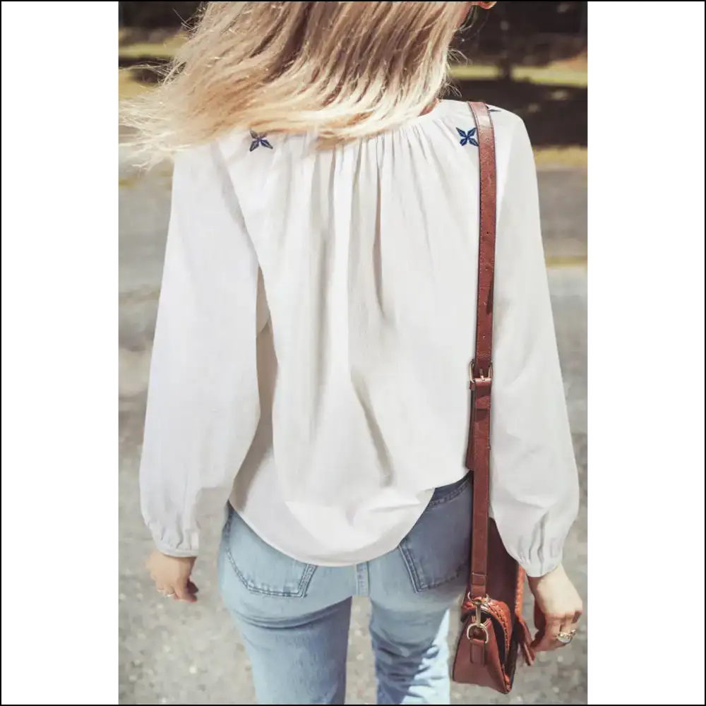 White Geometric Embroidered Blouse: i Woke Up Like this 😜 Needful Things - Blouses on Sale Worldwide Shipping