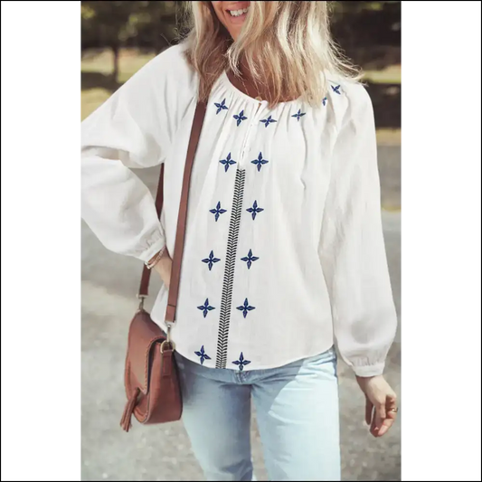White Geometric Embroidered Blouse: i Woke Up Like this 😜 Needful Things - s - Blouses on Sale Worldwide Shipping
