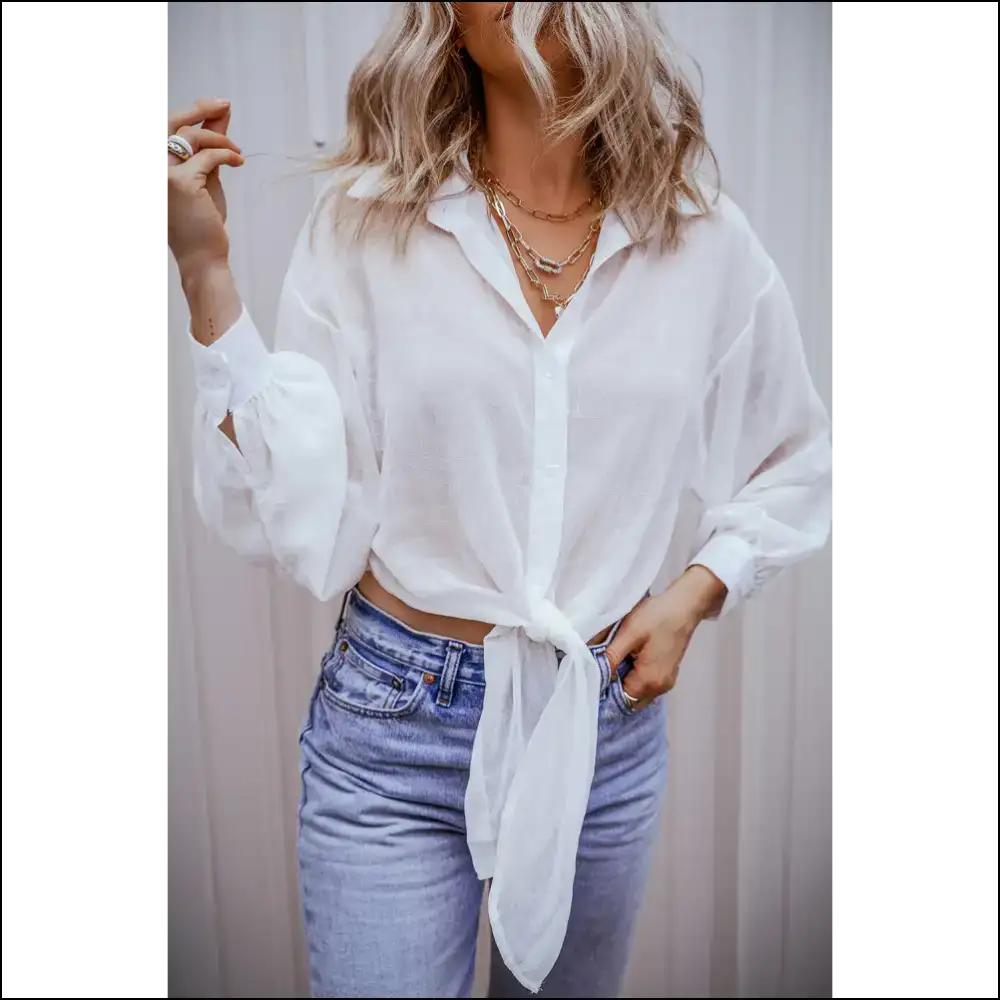 White Knotted Sheer Shirt: Breezy Hide the Nips! Needful Things. 😜 - Long Sleeve Tops Shirts & on Sale Worldwide Shipping