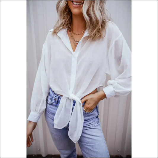 White Knotted Sheer Shirt: Breezy Hide the Nips! Needful Things. 😜 - s - Long Sleeve Tops Shirts & on Sale Worldwide Shipping