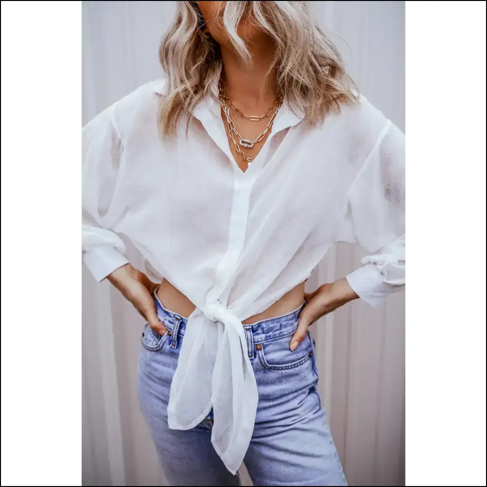 White Knotted Sheer Shirt: Breezy Hide the Nips! Needful Things. 😜 - Long Sleeve Tops Shirts & on Sale Worldwide Shipping