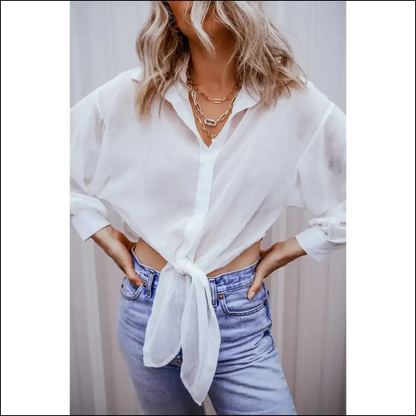 White Knotted Sheer Shirt: Breezy Hide the Nips! Needful Things. 😜 - Long Sleeve Tops Shirts & on Sale Worldwide Shipping