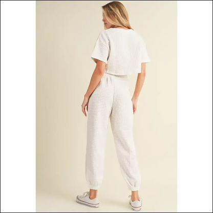White Lattice Cropped Tee Set: so Comfy It’s Criminal 💀 Needful Things - Black / s - Two Piece Pants Sets on Sale Worldwide Shipping