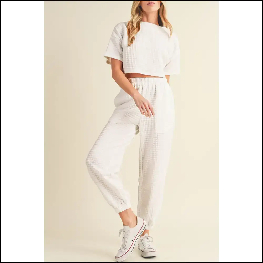 White Lattice Cropped Tee Set: so Comfy It’s Criminal 💀 Needful Things - s - Two Piece Pants Sets on Sale Worldwide Shipping