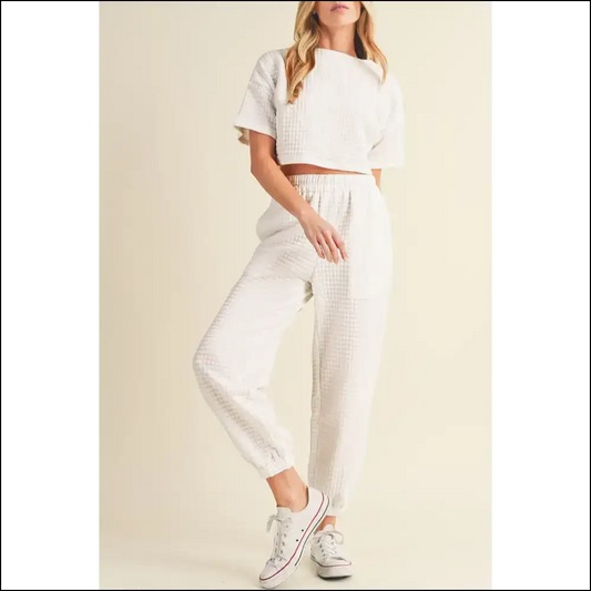 White Lattice Cropped Tee Set: so Comfy It’s Criminal 💀 Needful Things - s - Two Piece Pants Sets on Sale Worldwide Shipping