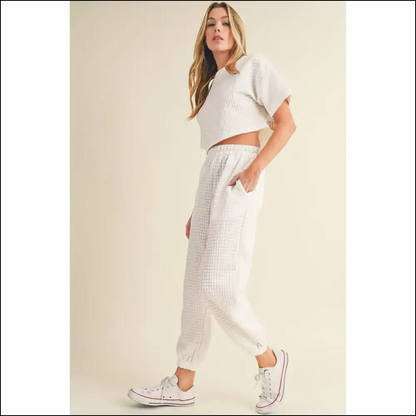 White Lattice Cropped Tee Set: so Comfy It’s Criminal 💀 Needful Things - Two Piece Pants Sets on Sale Worldwide Shipping