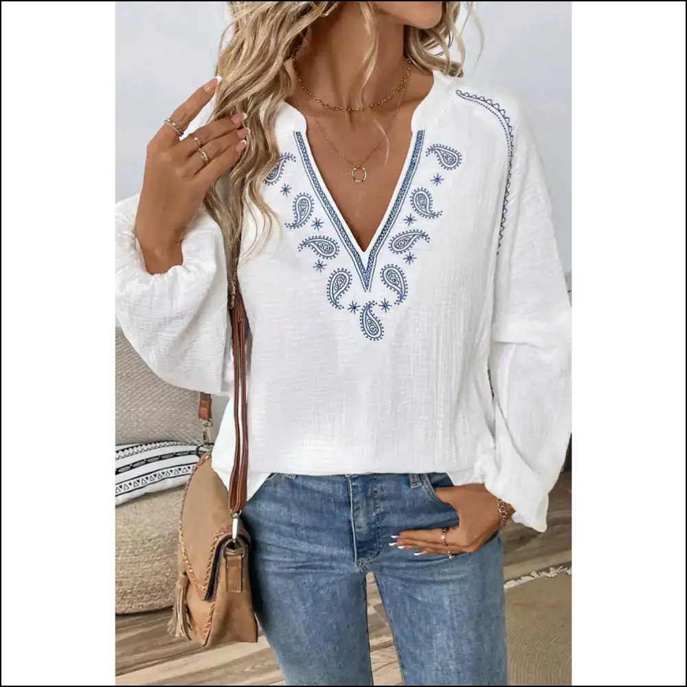 White Paisley Embroidered Blouse Instant Boho Goddess - Blouses on Sale Worldwide Shipping