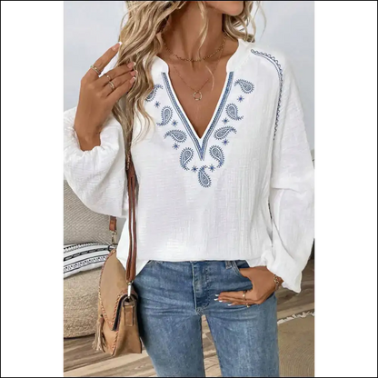 White Paisley Embroidered Blouse Instant Boho Goddess - Blouses on Sale Worldwide Shipping
