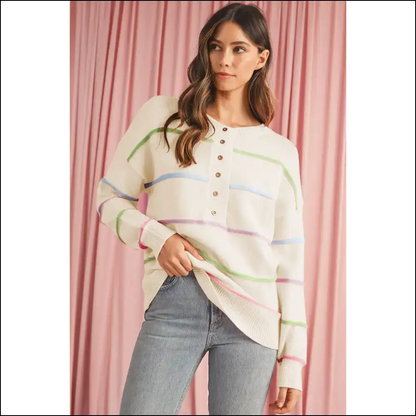 White Rainbow Henley Sweater: so Cozy It’s Basically Illegal 🌈 - Sweaters on Sale Worldwide Shipping
