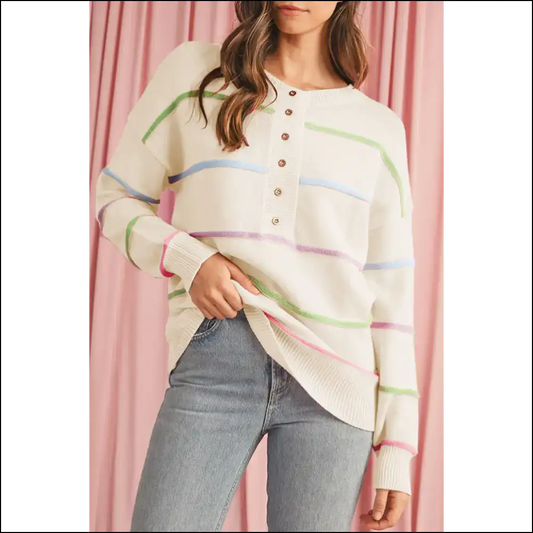 White Rainbow Henley Sweater: so Cozy It’s Basically Illegal 🌈 - s - Sweaters on Sale Worldwide Shipping