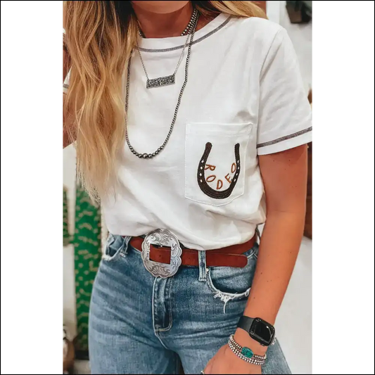 White Rodeo Horseshoe Tee: Chic Zero Bull 🐴 Needful Things - s - t Shirts on Sale Worldwide Shipping