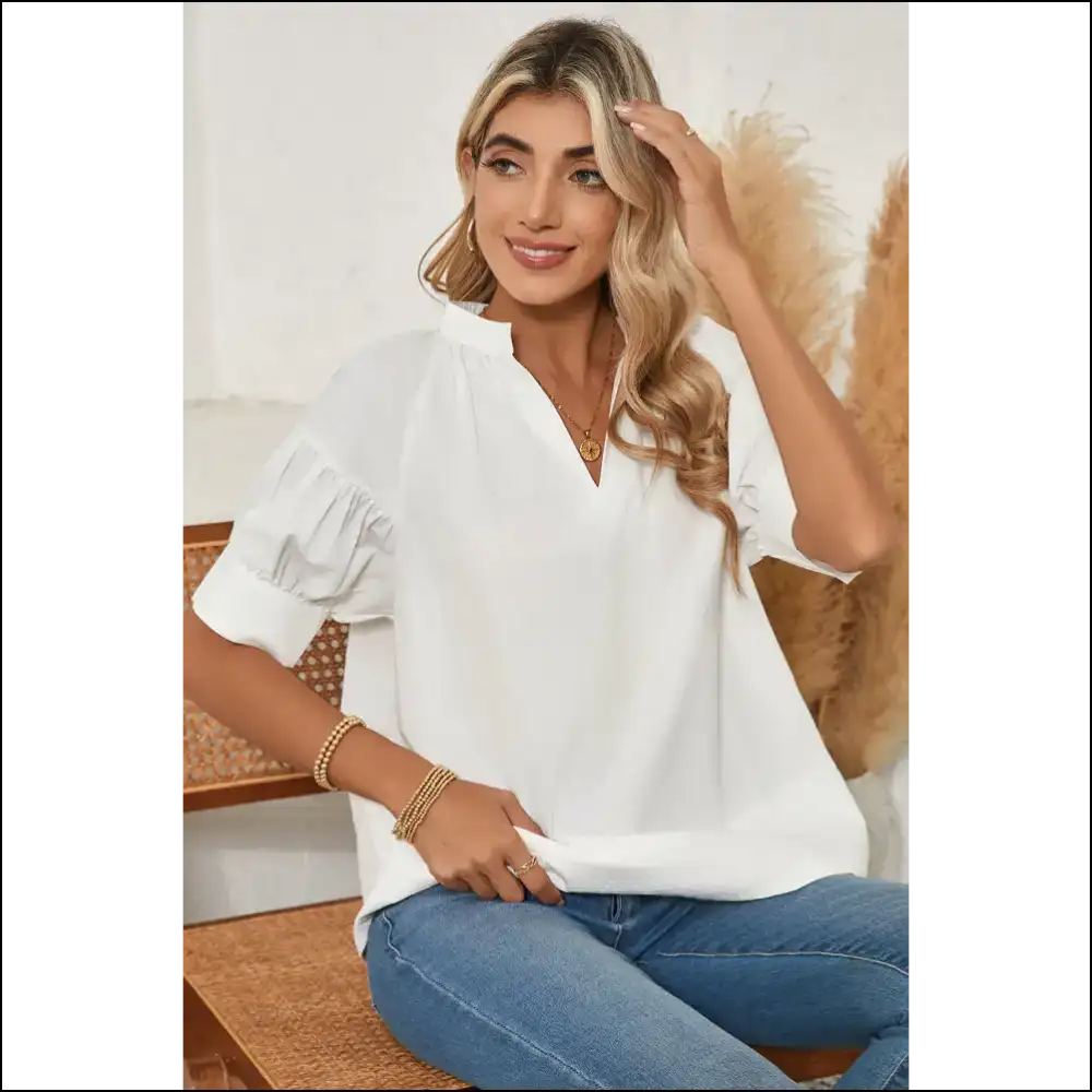 White Ruched Bubble Sleeve Top Wardrobe’s New Bff - Blouses on Sale Worldwide Shipping