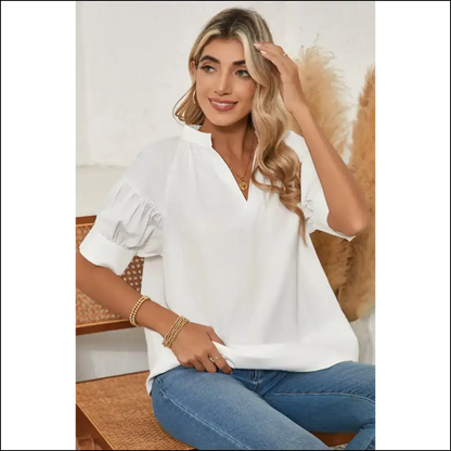 White Ruched Bubble Sleeve Top Wardrobe’s New Bff - Blouses on Sale Worldwide Shipping