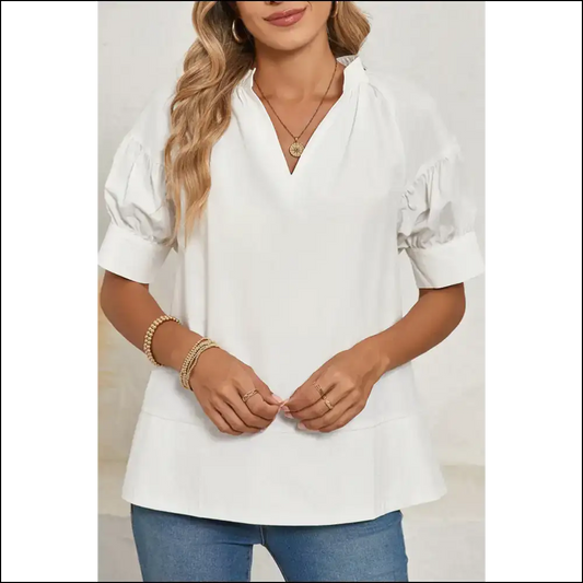 White Ruched Bubble Sleeve Top Wardrobe’s New Bff - s - Blouses on Sale Worldwide Shipping
