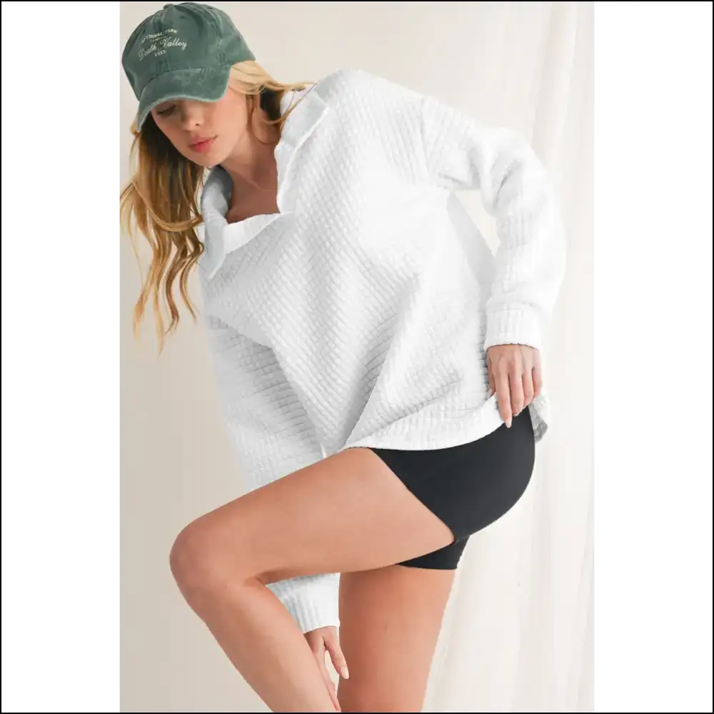 White Wfle Textured Wonder: Finally a Top that Doesn’t Judge my Snack Choices! Needful Things. 😉 - Long Sleeve Tops Shirts & on Sale