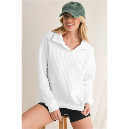 White Wfle Textured Wonder: Finally a Top that Doesn’t Judge my Snack Choices! Needful Things. 😉 - Long Sleeve Tops Shirts & on Sale