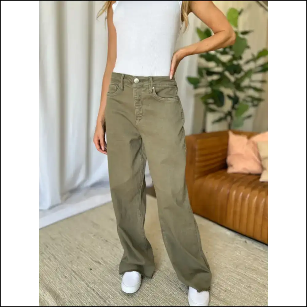 Wide Leg Jeans: High Rise Garment Dye - Because your Curves Deserve a Party 🎉 - Sage / 5 - Jeans on Sale Worldwide Shipping