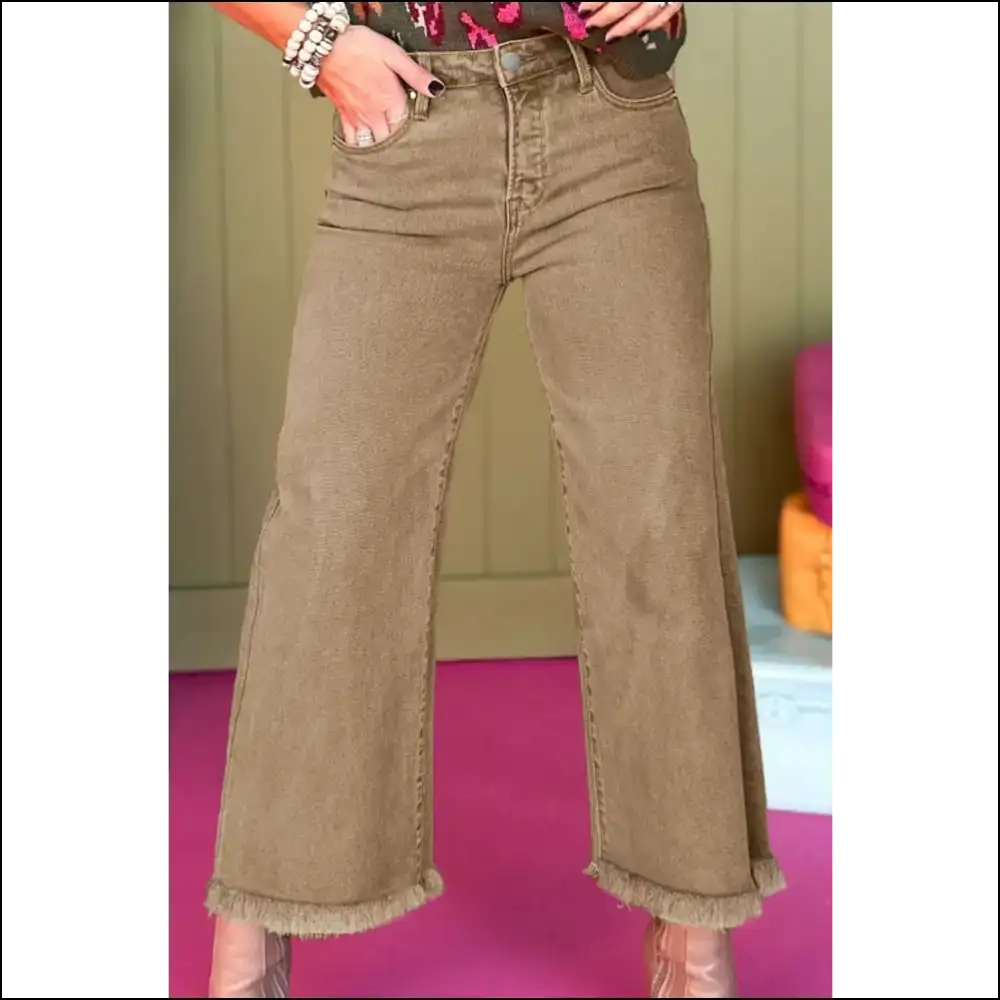 Wide Leg Wonder: Unleash your Inner Fashionista with Raw Hem Magic! - Khaki / 12 - Jeans on Sale Worldwide Shipping