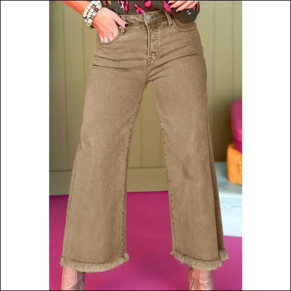 Wide Leg Wonder: Unleash your Inner Fashionista with Raw Hem Magic! - Khaki / 12 - Jeans on Sale Worldwide Shipping
