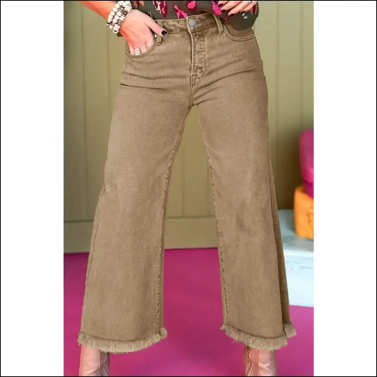 Wide Leg Wonder: Unleash your Inner Fashionista with Raw Hem Magic! - Khaki / 12 - Jeans on Sale Worldwide Shipping