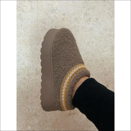 Wild Diva Cozy Embroidered Sherpa Platform Boots - Taupe / 10 - on Sale Worldwide Shipping