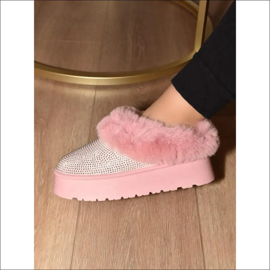 Wild Diva Embellished Faux Fur Platform Booties - Pink / 5.5 - Boots on Sale Worldwide Shipping