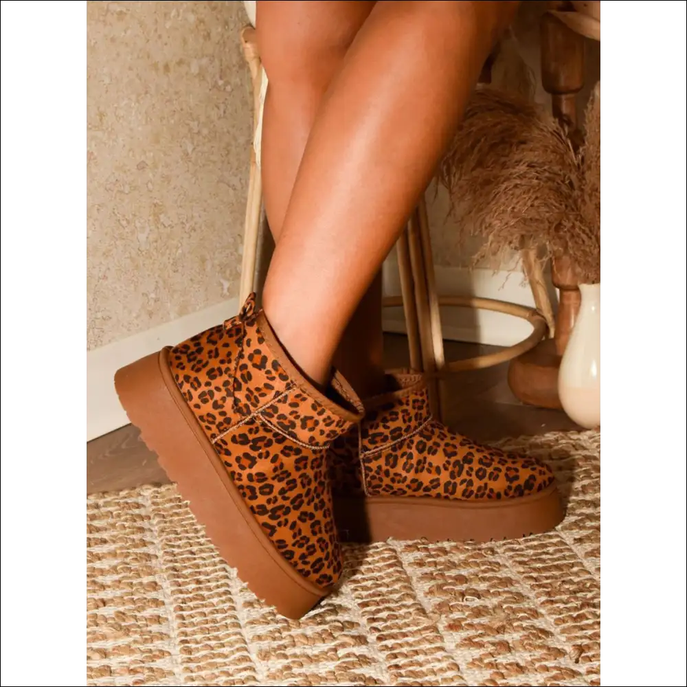 Wild Diva Leopard Thermal Furry Platform Booties - 6 - Boots on Sale Worldwide Shipping