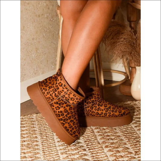 Wild Diva Leopard Thermal Furry Platform Booties - 6 - Boots on Sale Worldwide Shipping